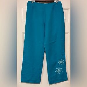 Plaza South Women Blue Pants Size 14 55% Linen/45% Rayon‎ 
Embroidered Pants